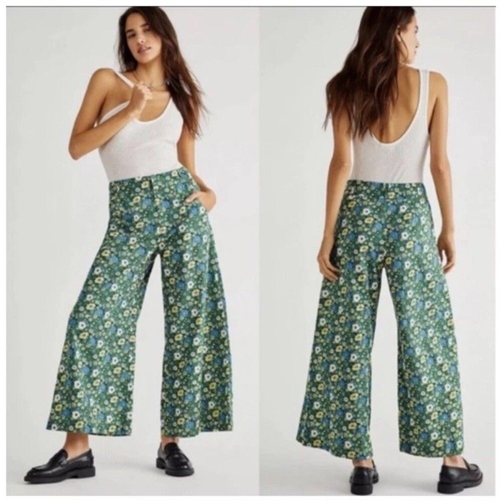 Free People Menorca 6 Green Floral Print High Waisted Wide Leg Crop Pants Boho